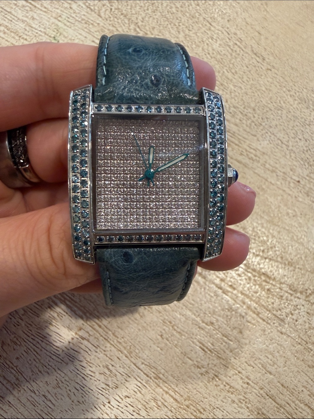 Lucien Piccard Diamond Dial Stainless Steel Case and Teal Strap Watch
